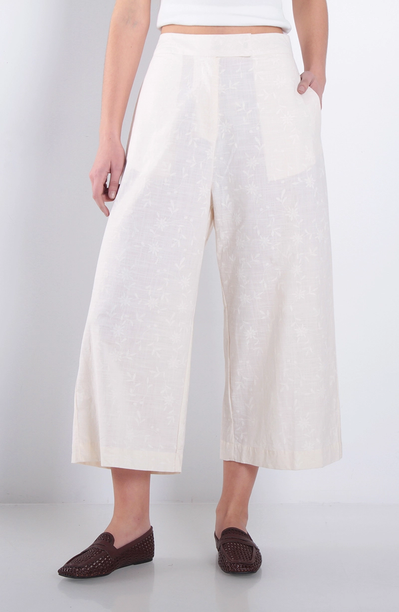 PANTALON WIDE LEG LINO BORDADO TIRO ALTO PRETINA BASICA - 1