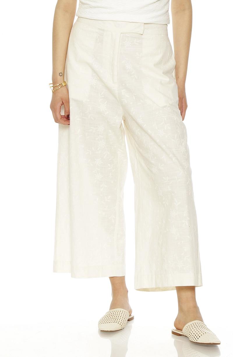 PANTALON WIDE LEG LINO BORDADO TIRO ALTO PRETINA BASICA - 1