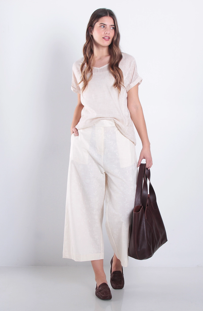 PANTALON WIDE LEG LINO BORDADO TIRO ALTO PRETINA BASICA - 3