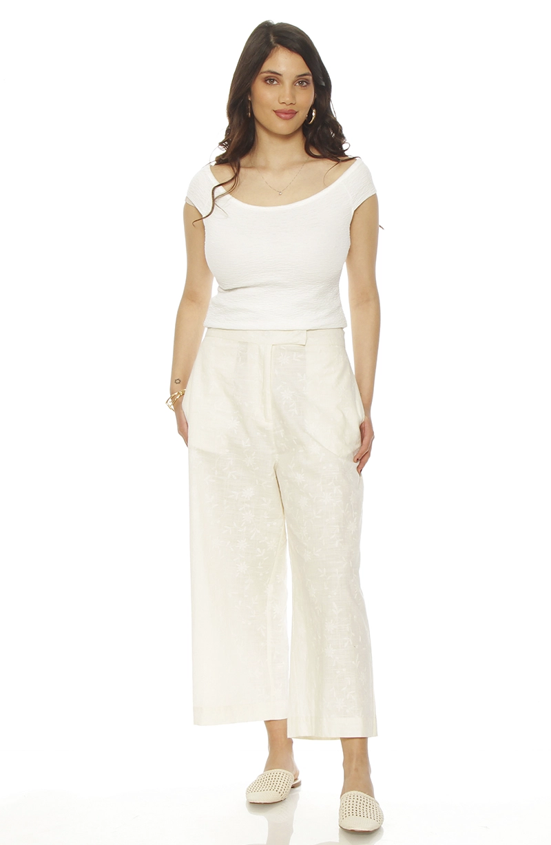 PANTALON WIDE LEG LINO BORDADO TIRO ALTO PRETINA BASICA - 3