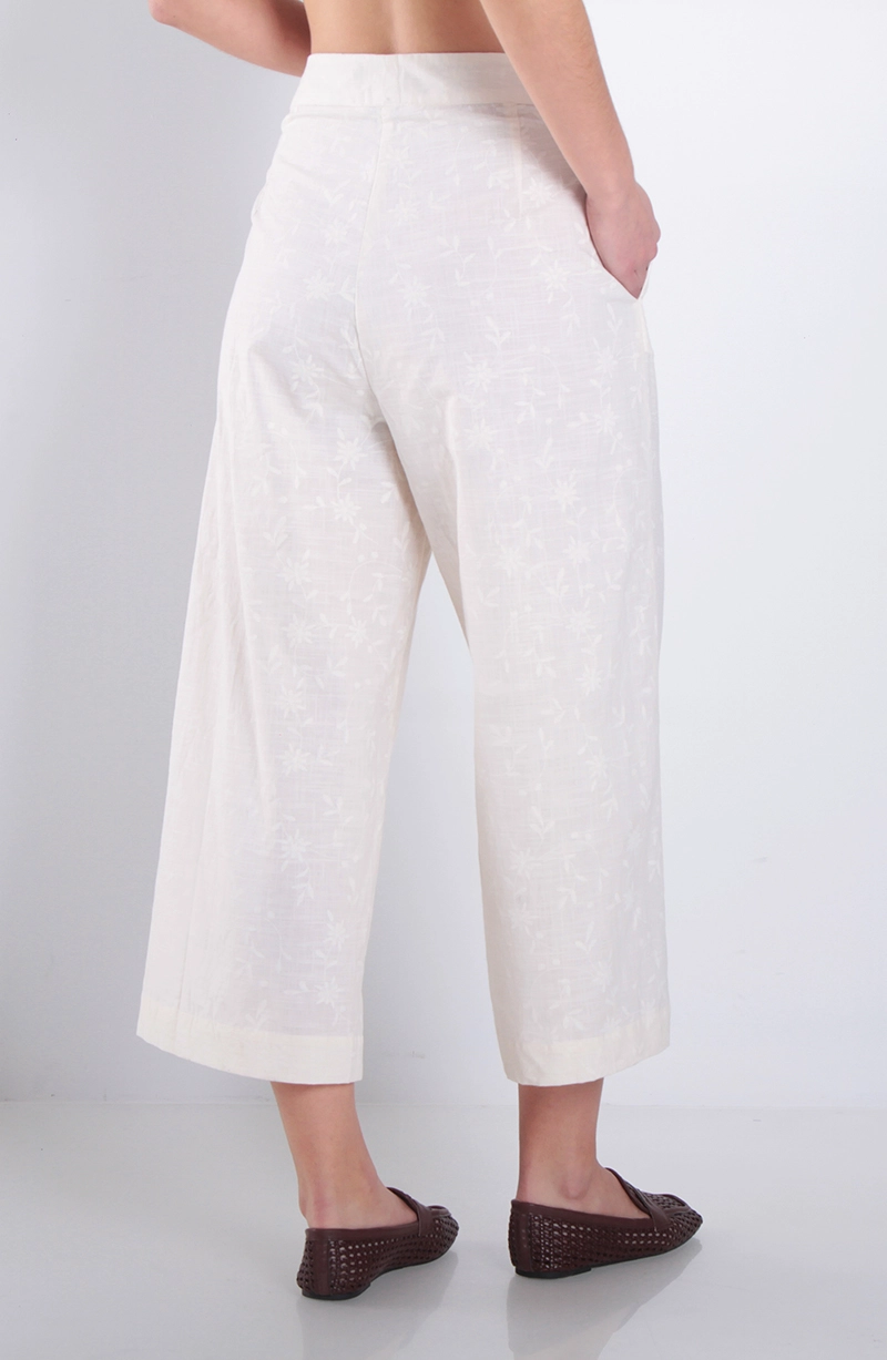 PANTALON WIDE LEG LINO BORDADO TIRO ALTO PRETINA BASICA - 4
