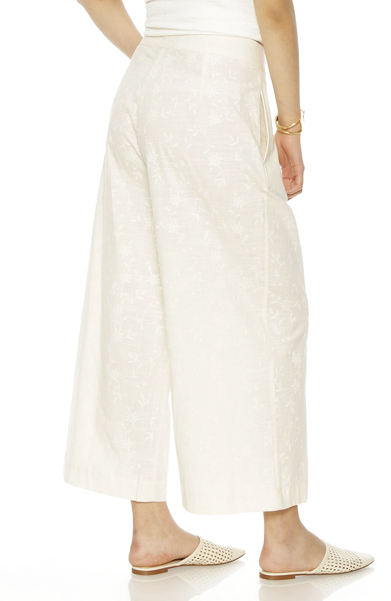 PANTALON WIDE LEG LINO BORDADO TIRO ALTO PRETINA BASICA - 4
