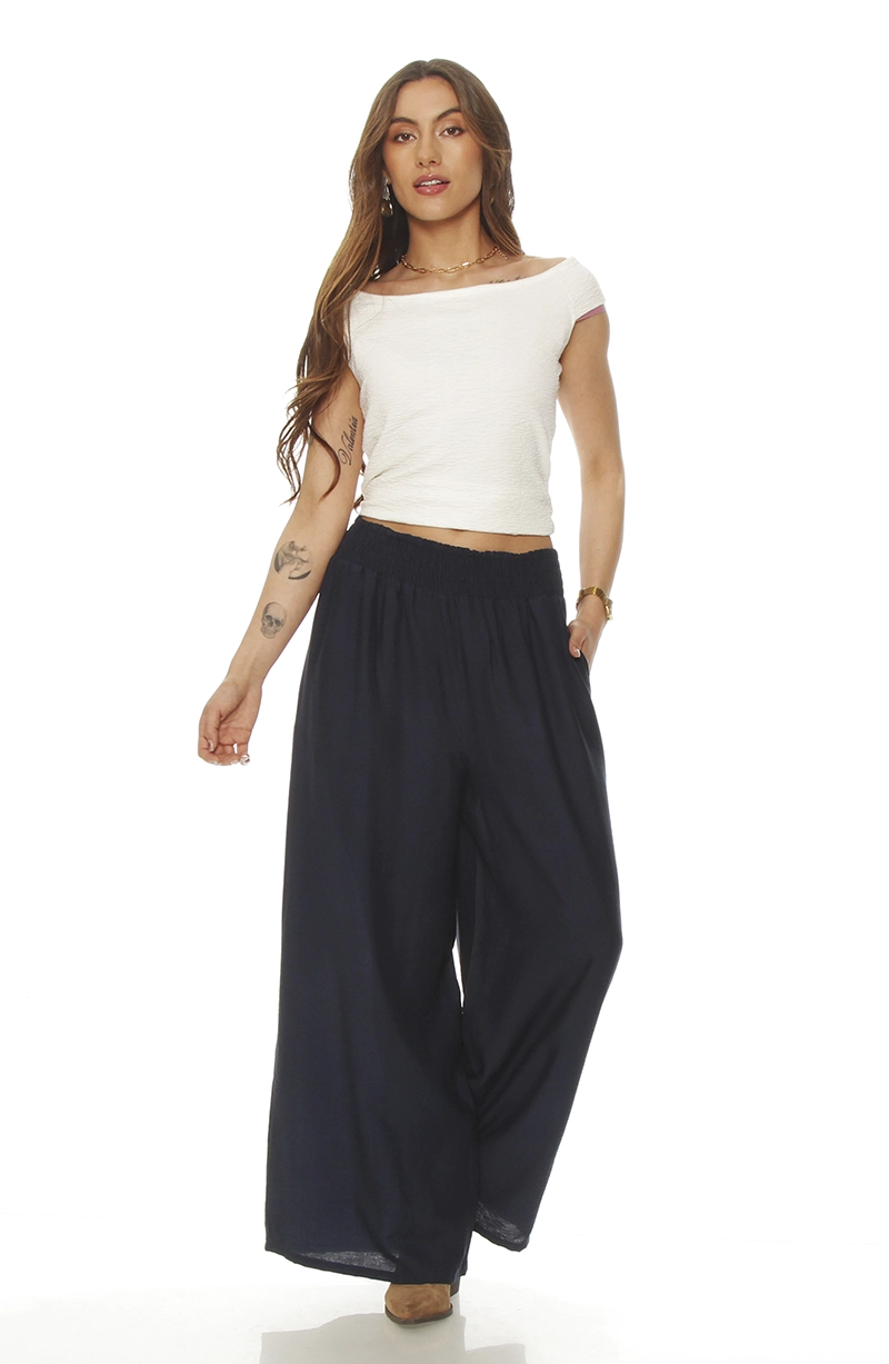 PANTALON WIDE LEG TIRO ALTO PRETINA ANCHA ELASTICADA - 3