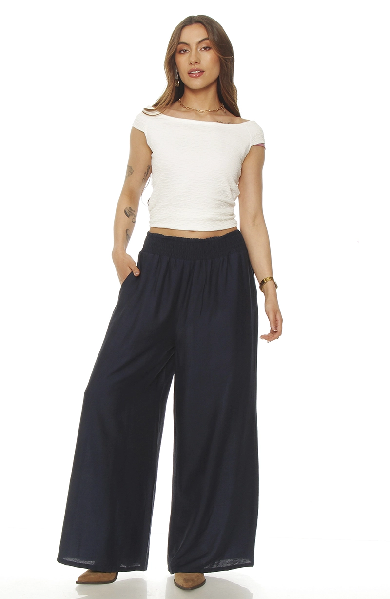 PANTALON WIDE LEG TIRO ALTO PRETINA ANCHA ELASTICADA - 4