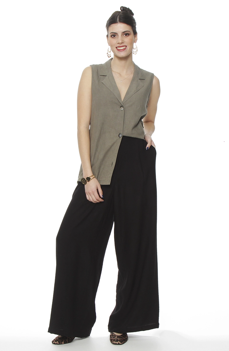 PANTALON WIDE LEG TIRO ALTO PRETINA BASICA 1 BOTON - 3