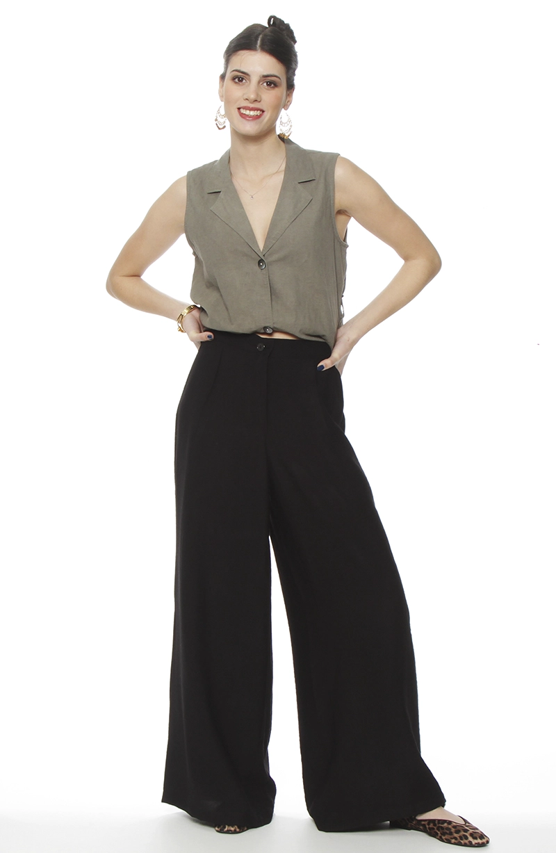 PANTALON WIDE LEG TIRO ALTO PRETINA BASICA 1 BOTON - 4