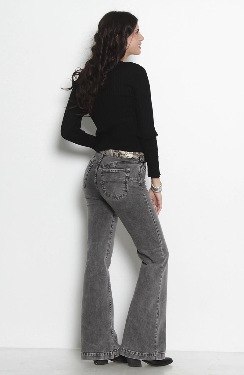JEANS MUJER FLARE TIRO ALTO PRETINA BASICA 1 BOTON PUSH UP - 8