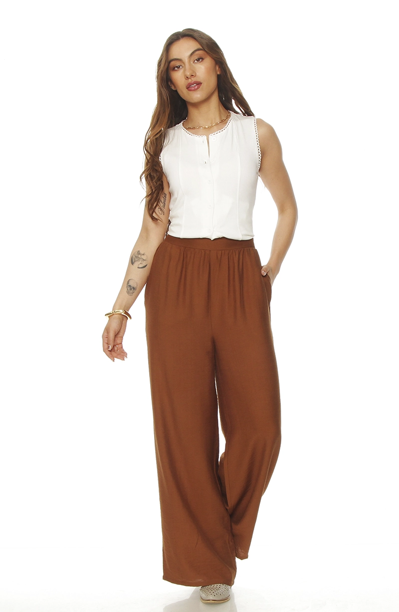 PANTALON WIDE LEG TIRO ALTO CON PRETINA ELASTICADA - 4