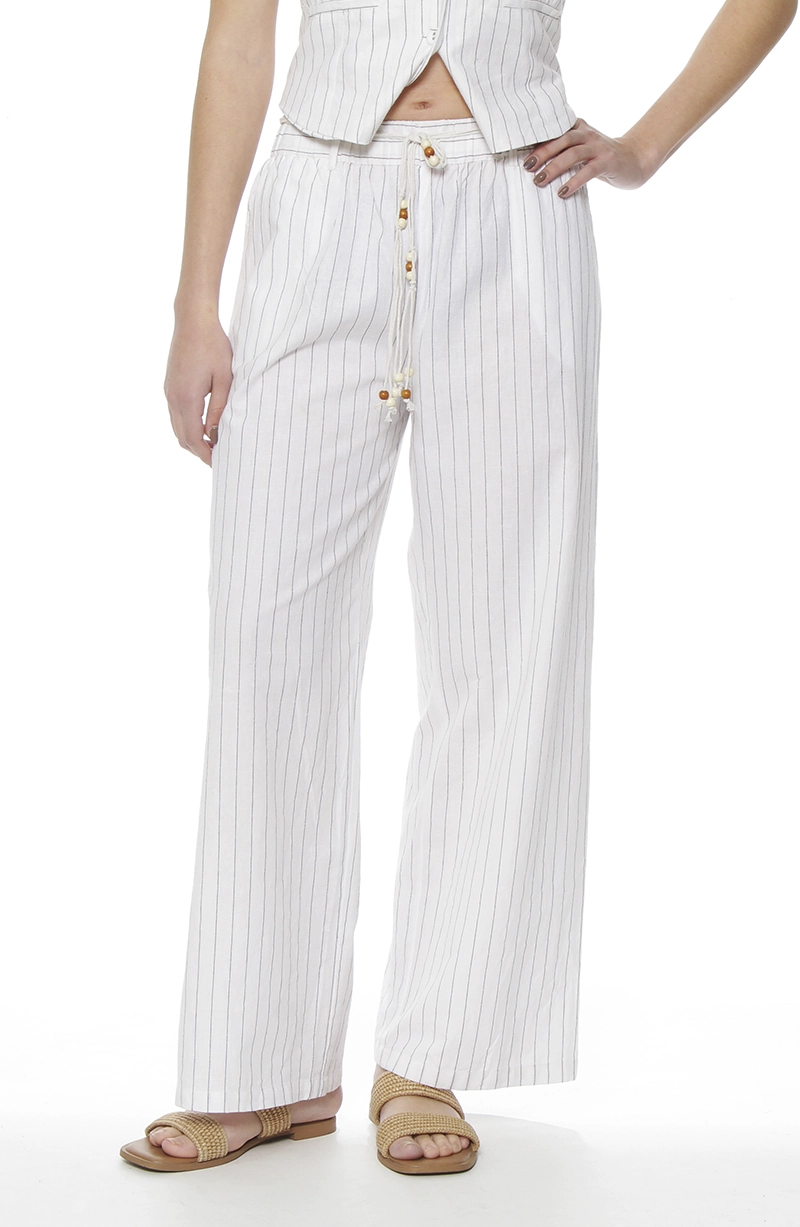 PANTALON WIDE LEG LINO LISTADO CON CINTURA ELASTICADA - 1