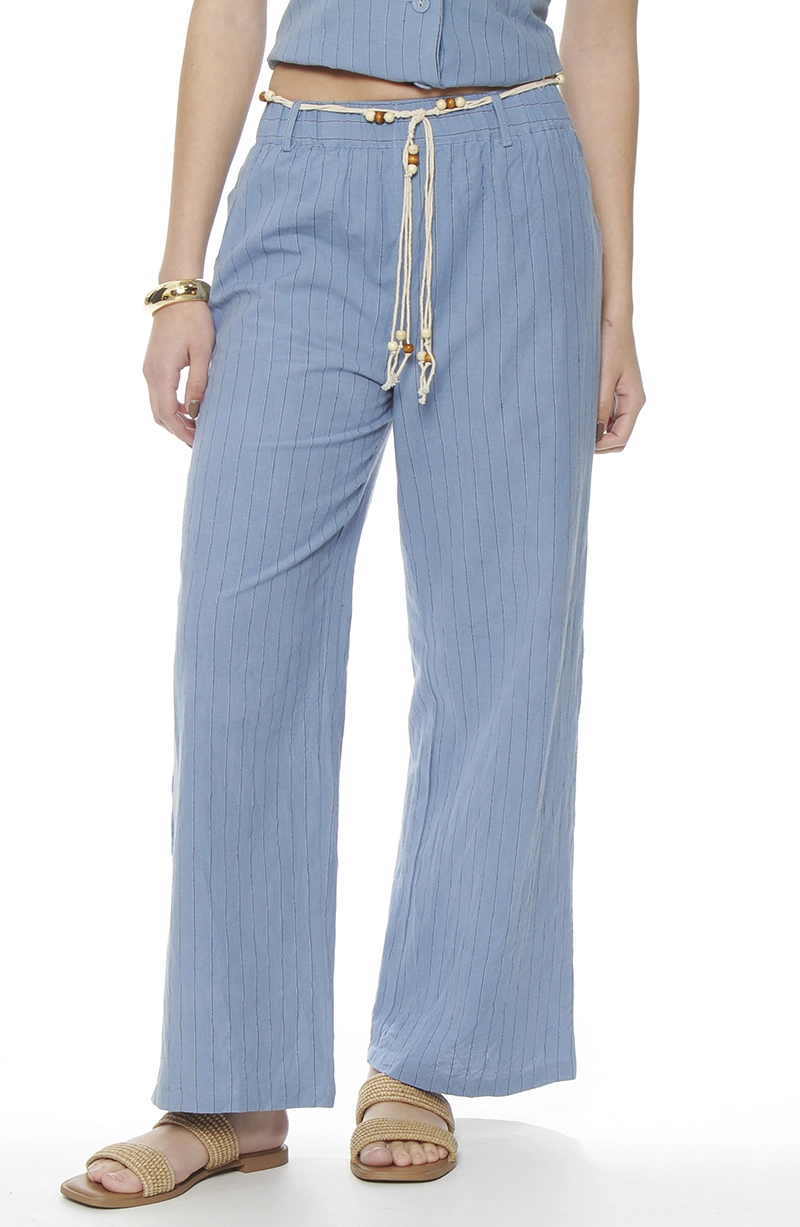 PANTALON WIDE LEG LINO LISTADO CON CINTURA ELASTICADA - 1