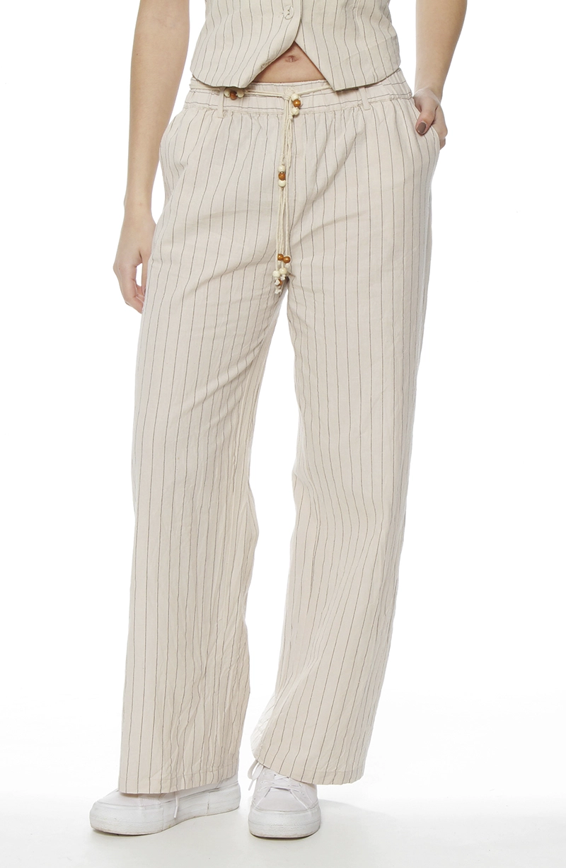PANTALON WIDE LEG LINO LISTADO CON CINTURA ELASTICADA - 1