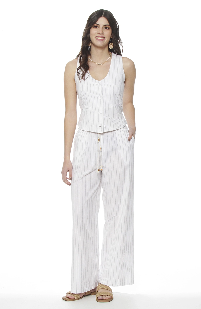 PANTALON WIDE LEG LINO LISTADO CON CINTURA ELASTICADA - 3