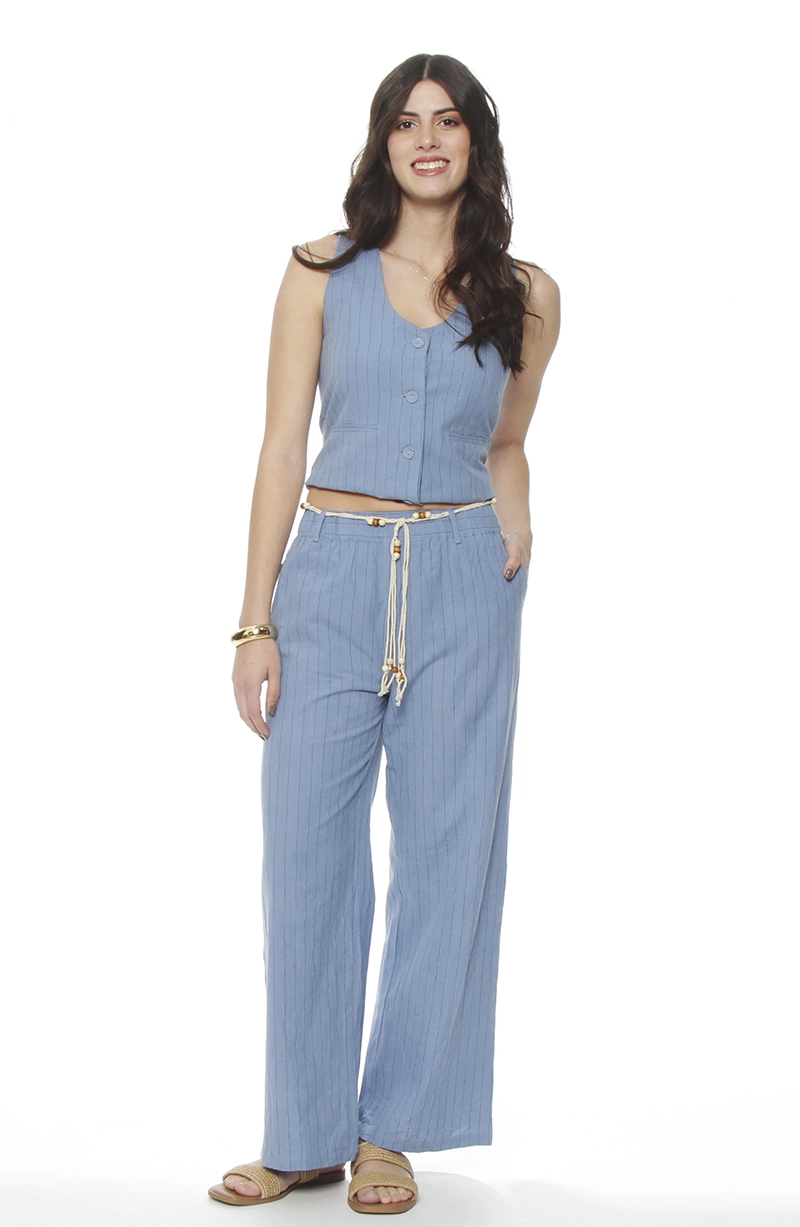 PANTALON WIDE LEG LINO LISTADO CON CINTURA ELASTICADA - 3