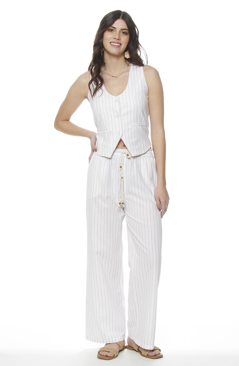 PANTALON WIDE LEG LINO LISTADO CON CINTURA ELASTICADA - 4