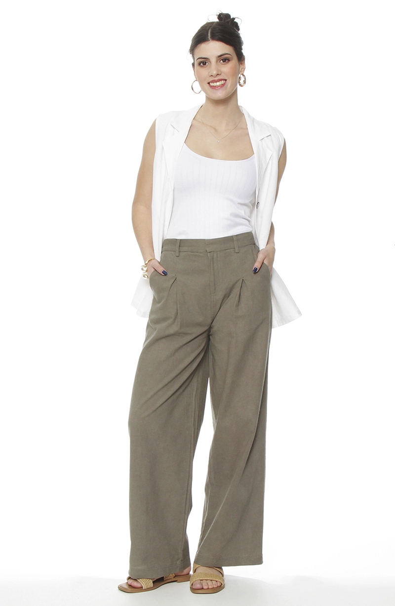 PANTALON WIDE LEG LINO TIRO ALTO PRETINA BASICA - 3