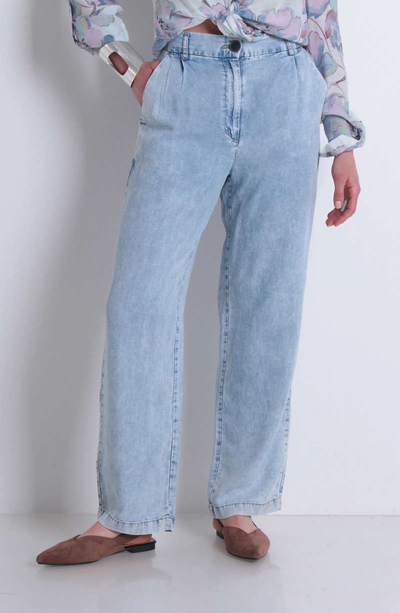 PANTALON TENCEL WIDE LEG TIRO ALTO PRETINA BASICA 1 BOTON - 1