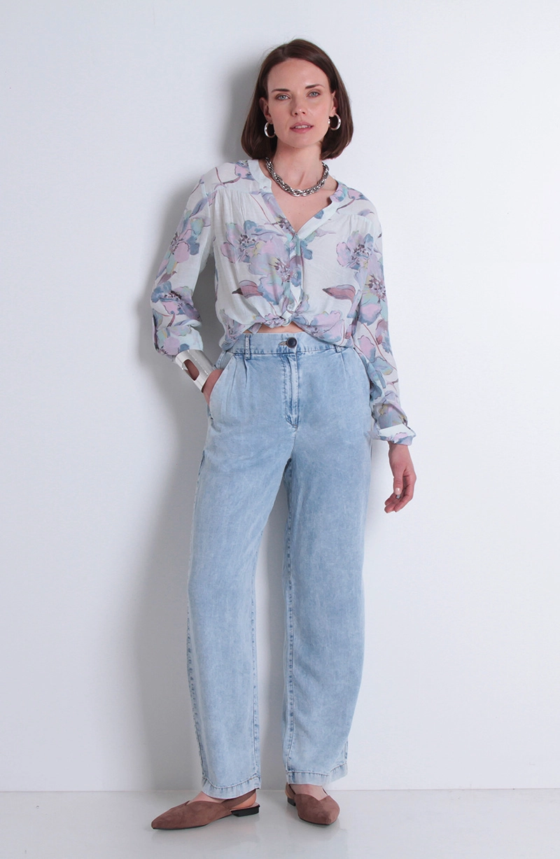 PANTALON TENCEL WIDE LEG TIRO ALTO PRETINA BASICA 1 BOTON - 3