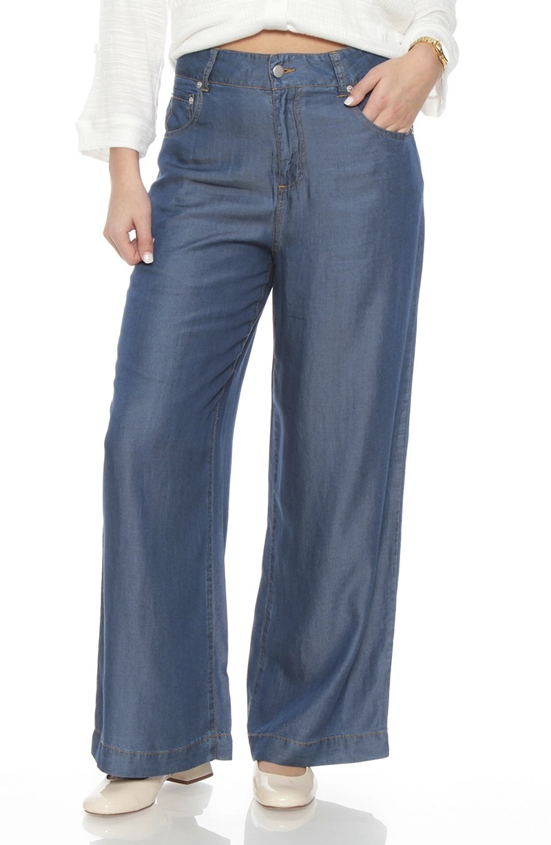 PANTALON LYOCELL WIDE LEG TIRO ALTO PRETINA BASICA 1 BOTON - 1