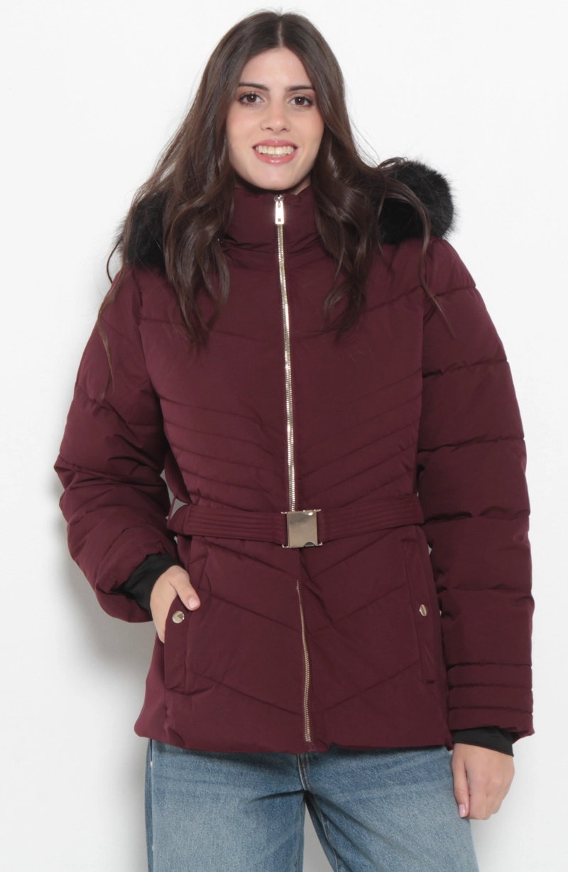 PARKA MANGA LARGA  CAPUCHA PIEL SINTETICA Y CINTURON - 1