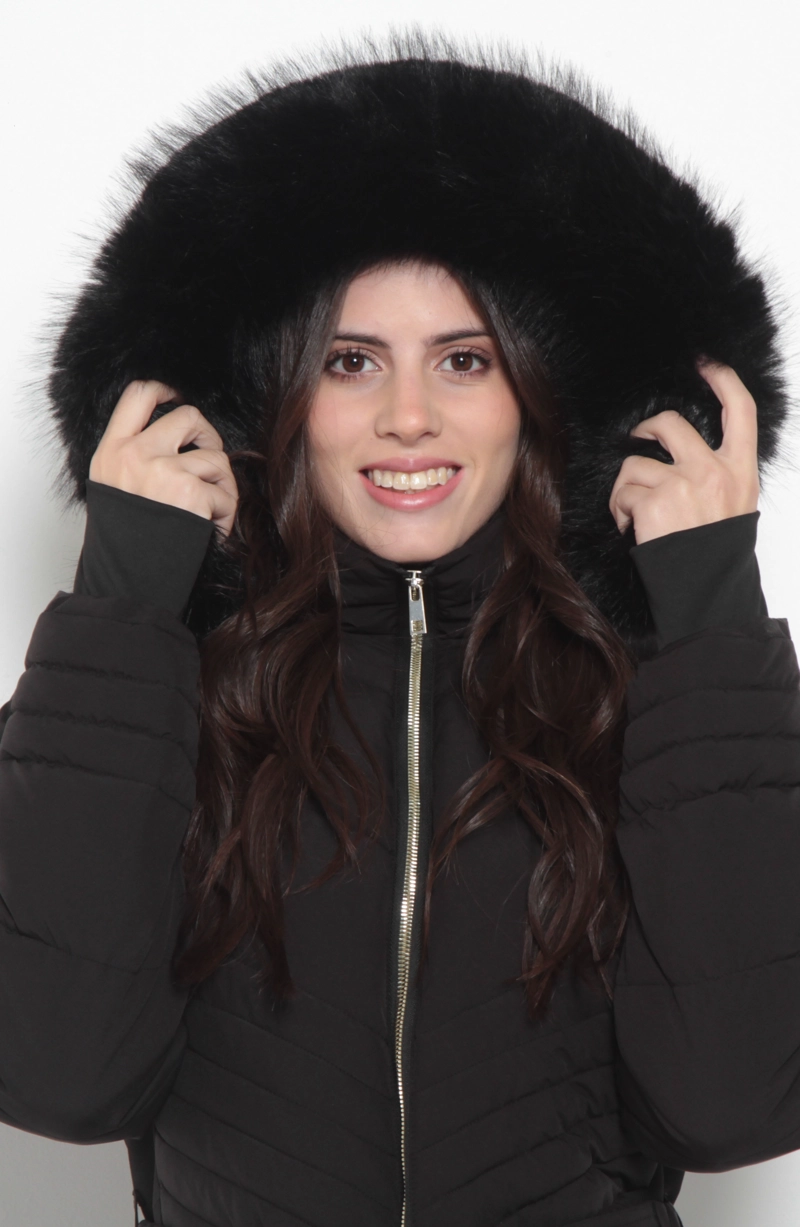 PARKA MANGA LARGA  CAPUCHA PIEL SINTETICA Y CINTURON - 4