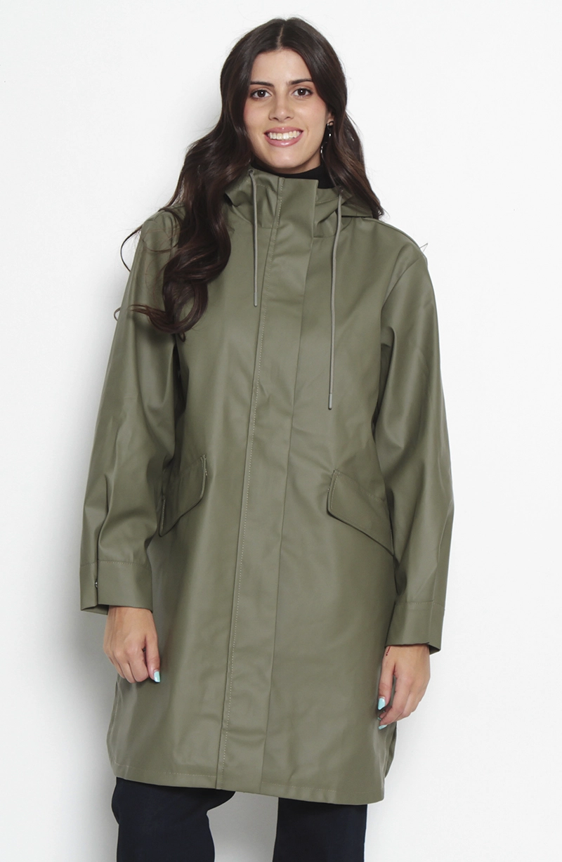 CHAQUETA IMPERMEABLE SOLIDA CON CAPUCHA Y BOLSILLOS - 1