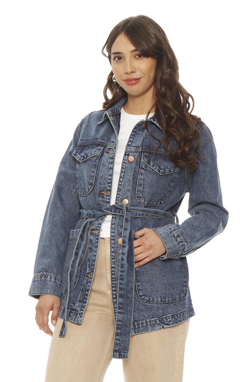 CHAQUETA DENIM ABOTONADA EN DELANTERO CON LAZO EN CINTURA - 1
