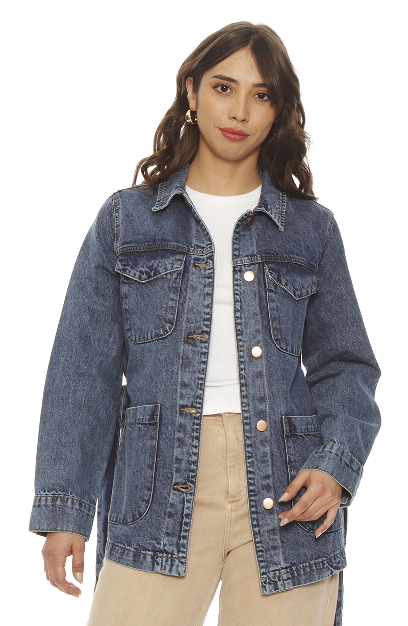 CHAQUETA DENIM ABOTONADA EN DELANTERO CON LAZO EN CINTURA - 2