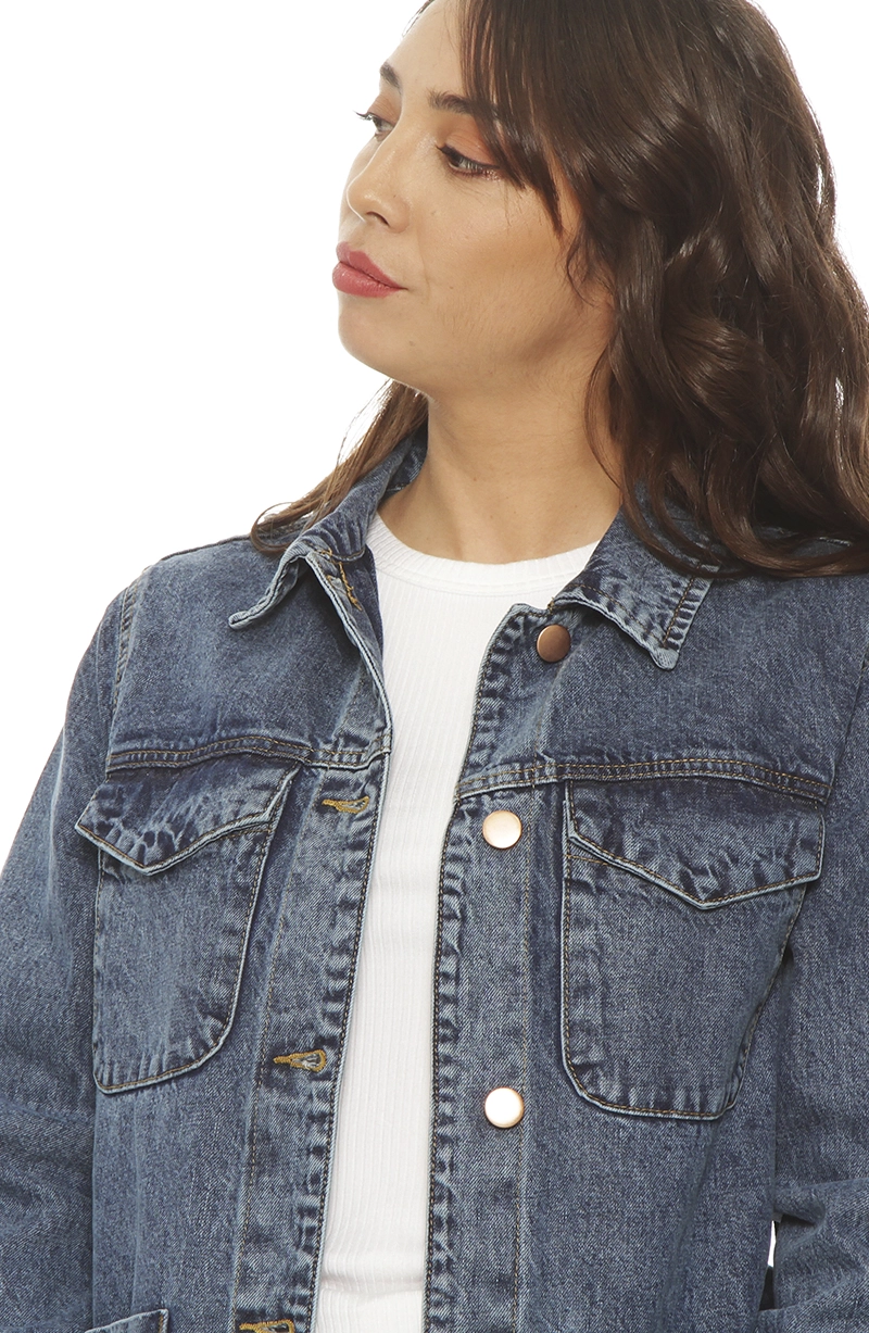 CHAQUETA DENIM ABOTONADA EN DELANTERO CON LAZO EN CINTURA - 3