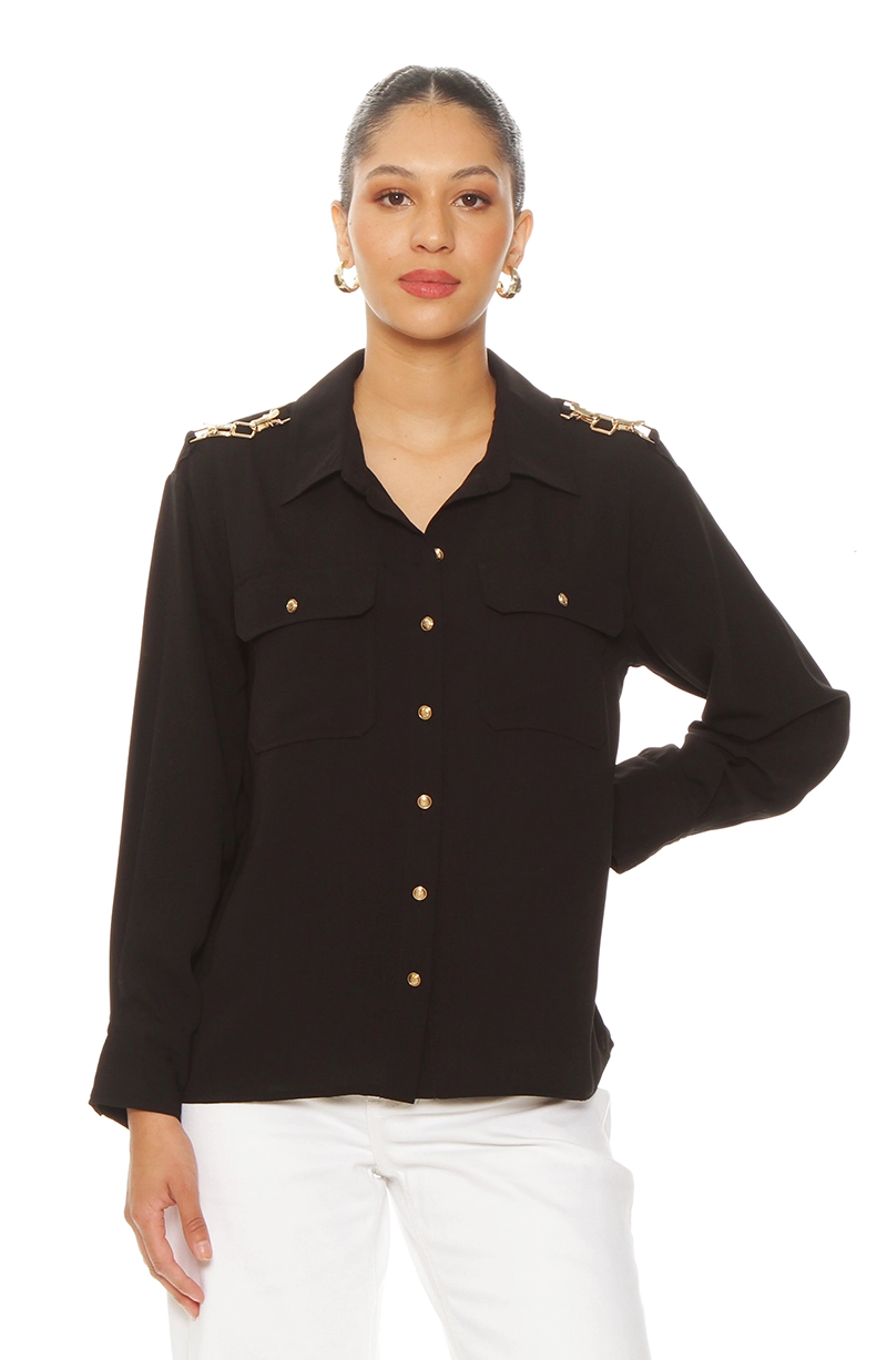 BLUSA MANGA LARGA ABOTONADA EN DELANTERO CON BOLSILLO - 1
