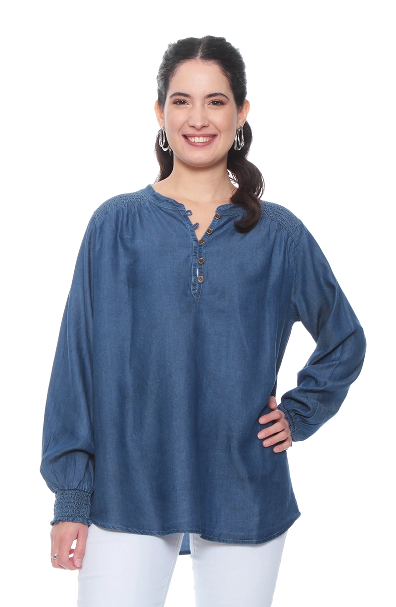 BLUSA TENCEL CUELLO MAO CON APLICACION EN HOMBROS - 1