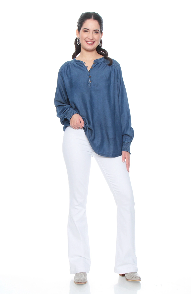BLUSA TENCEL CUELLO MAO CON APLICACION EN HOMBROS - 3