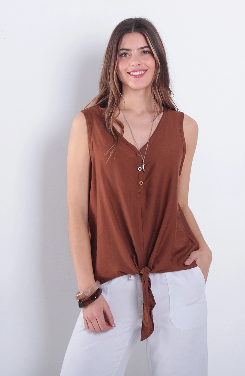 BLUSA SIN MANGA ABOTONADA EN DELANTERO ESCOTE V Y NUDO - 1