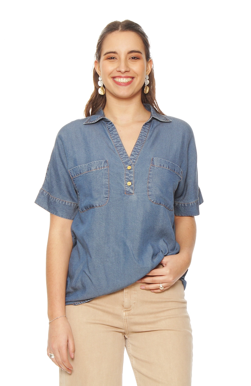 BLUSA MANGA CORTA TENCEL  ESCOTE V CON BOLSILLOS - 1