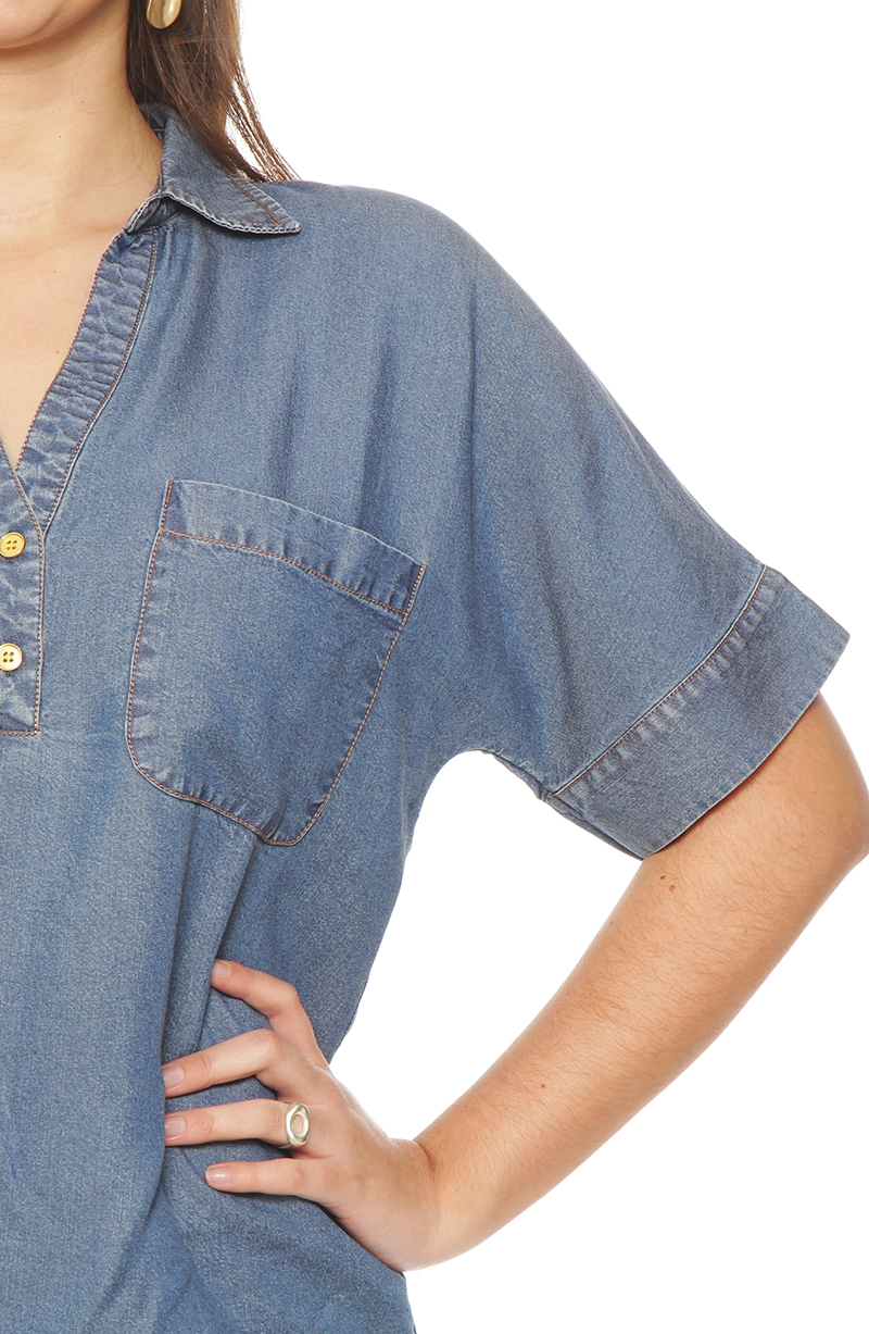 BLUSA MANGA CORTA TENCEL  ESCOTE V CON BOLSILLOS - 2