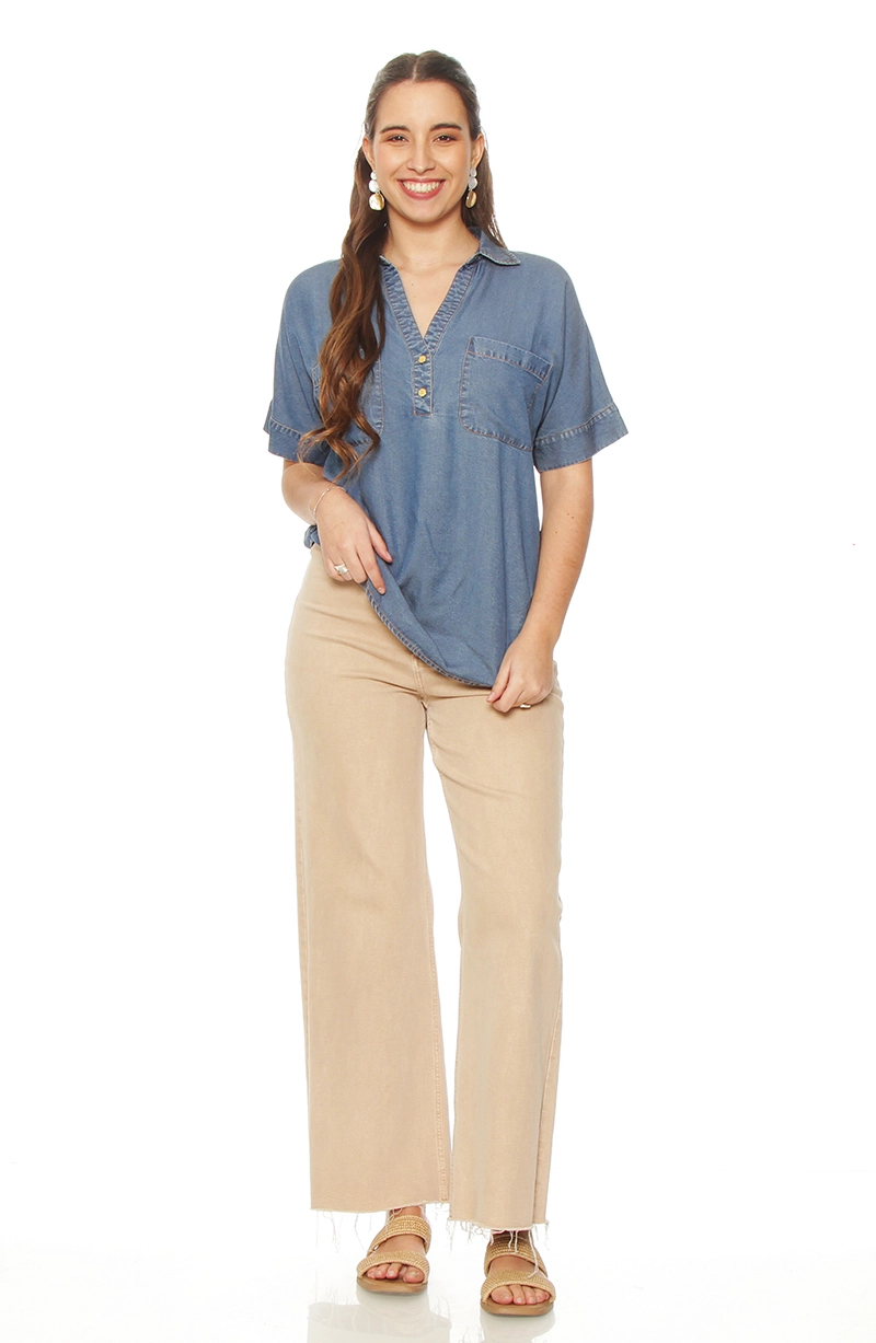 BLUSA MANGA CORTA TENCEL  ESCOTE V CON BOLSILLOS - 4