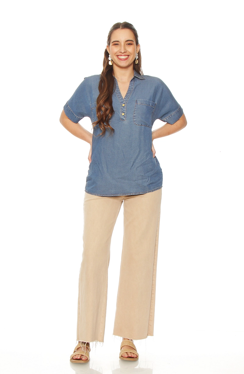 BLUSA MANGA CORTA TENCEL  ESCOTE V CON BOLSILLOS - 5