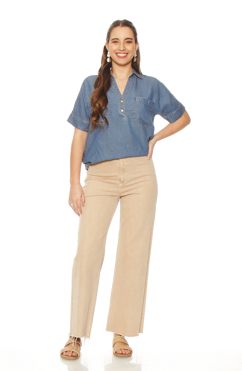 BLUSA MANGA CORTA TENCEL  ESCOTE V CON BOLSILLOS - 6