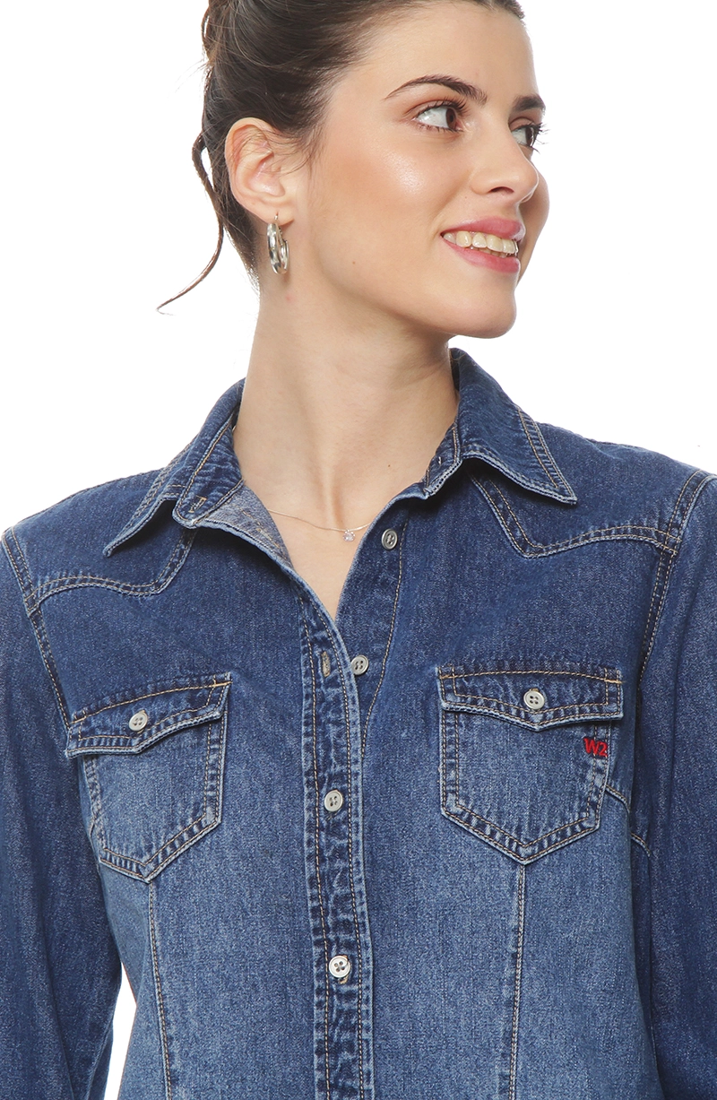 BLUSA MANGA LARGA DENIM CON BROCHE EN DELANTERO Y BOLSILLO CON TAPETA - 3