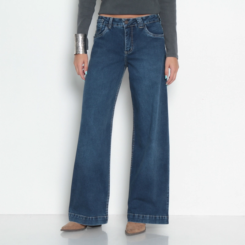 JEANS MUJER WIDE TIRO ALTO PRETINA BASICA 1 BOTON - 1