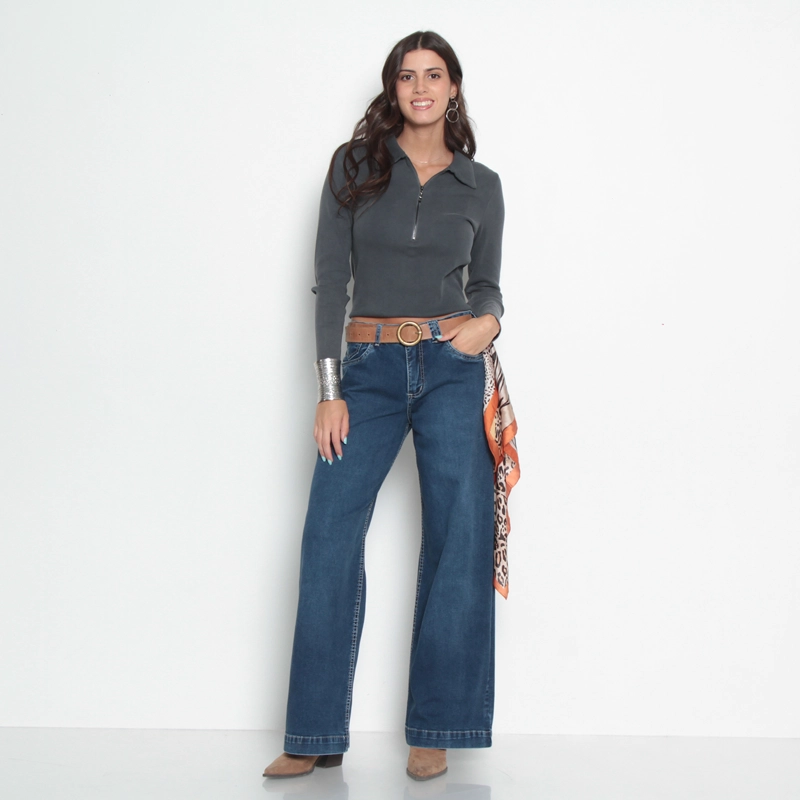 JEANS MUJER WIDE TIRO ALTO PRETINA BASICA 1 BOTON - 4