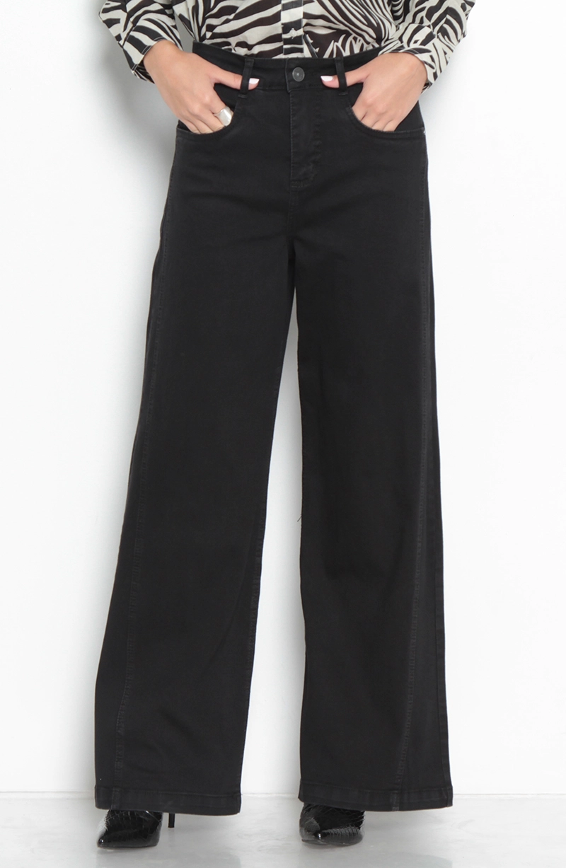 JEANS MUJER PIERNA WIDE TIRO ALTO PRETINA BASICA UN BOTON - 1
