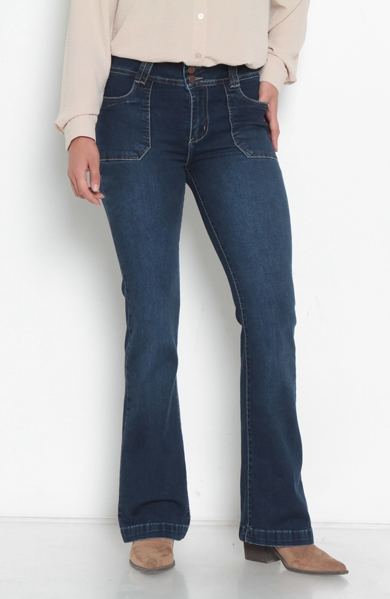 JEANS MUJER CARGO PIERNA FLARE TIRO ALTO PRETINA MEDIA - 1