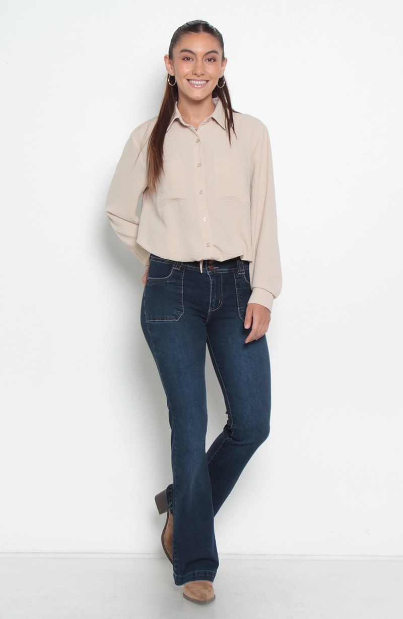 JEANS MUJER CARGO PIERNA FLARE TIRO ALTO PRETINA MEDIA - 4