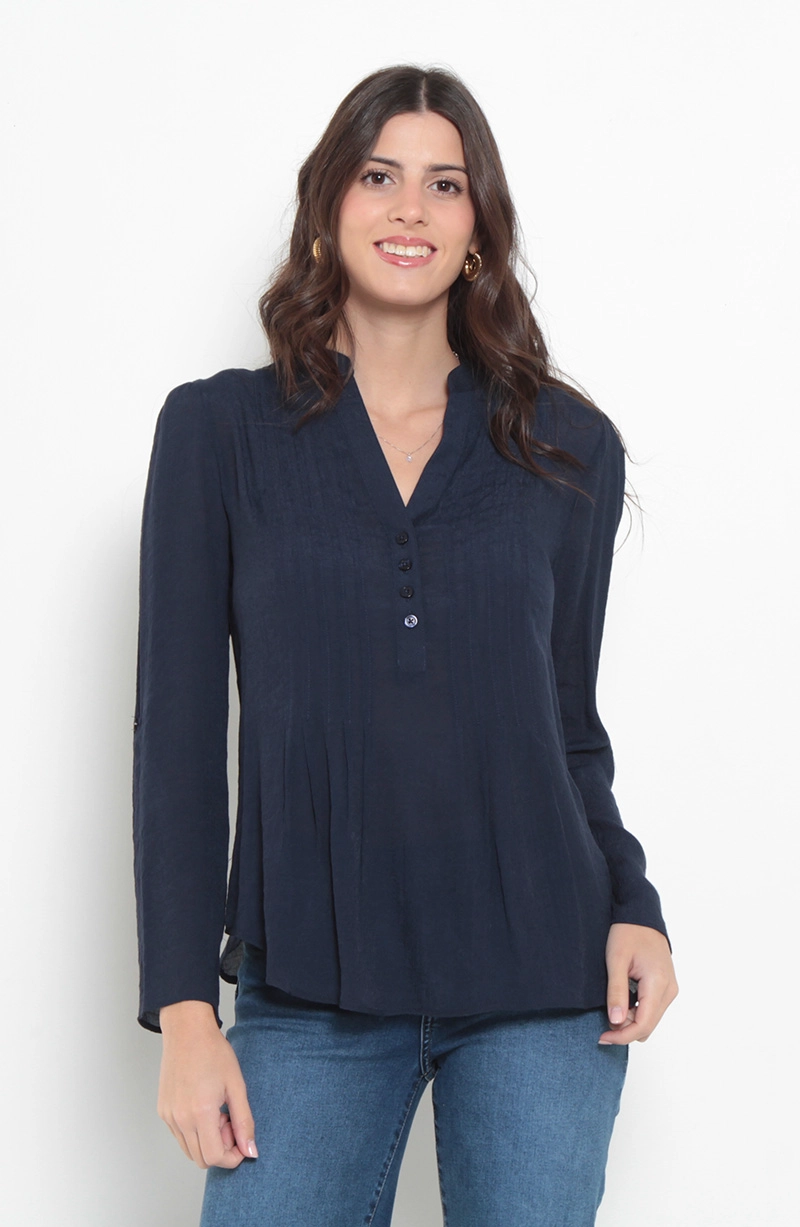 BLUSA MANGA LARGA ESCOTE V ABOTONADA EN DELANTERO - 1