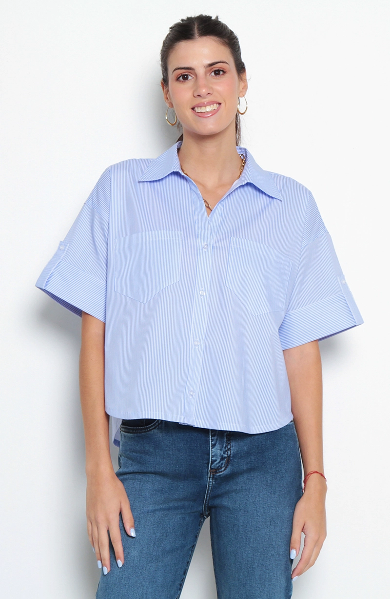 BLUSA MANGA CORTA LISTADA ABOTONADA EN DELANTERO - 1