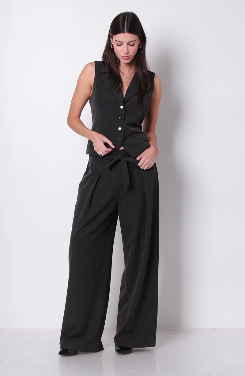 PANTALON WIDE LEG TIRO ALTO PRETINA BASICA CON CINTURON - 4