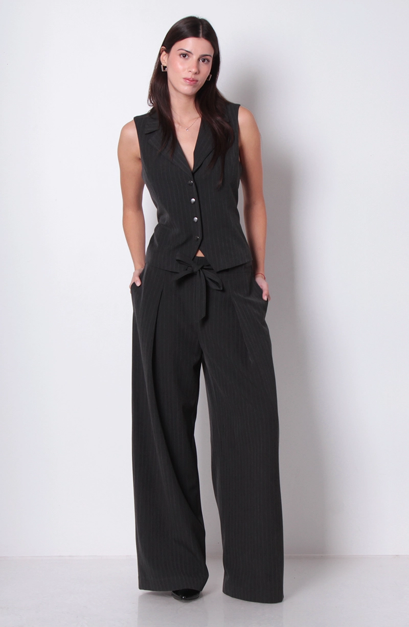 PANTALON WIDE LEG TIRO ALTO PRETINA BASICA CON CINTURON - 5