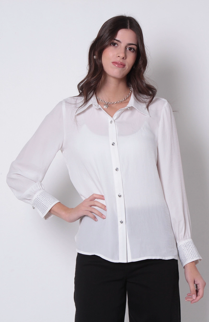 BLUSA MANGA LARGA ABOTONADA EN DELANTERO CON APLICACION - 1