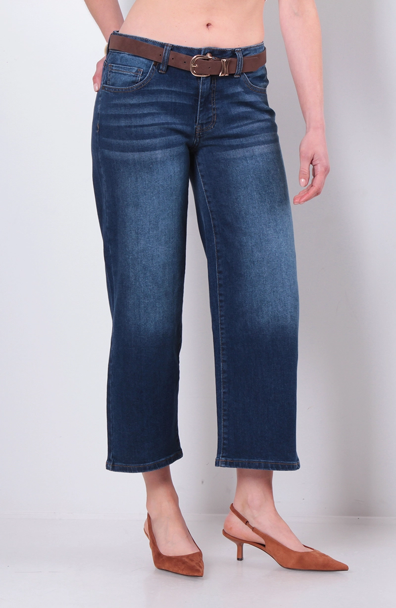 JEANS WIDE LEG CROPED TIRO MEDIO PRETINA BASICA CON CINTURON - 1