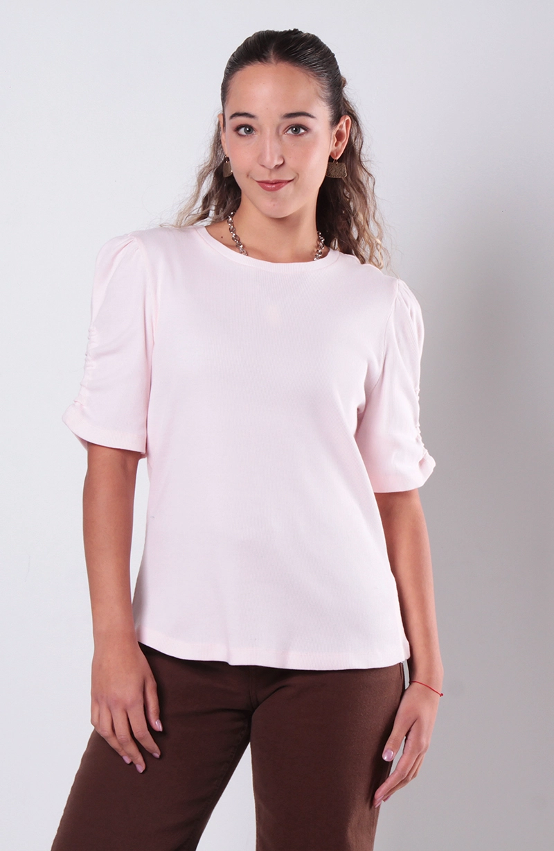 POLERA MANGA CORTA ESCOTE REDONDO CON MANGA RECOGIDA - 1